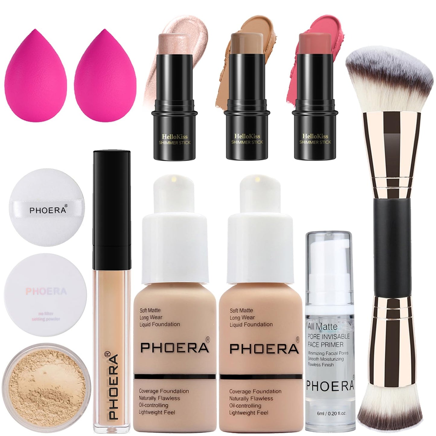 PHOERA Foundation3 PCS Contour Stick Makeup Kit Shades with Highlighter Stick Blush Stick and Bronzer Contour Stick for Sculpt the Cheeks (102+103+ Fair-Light Contour/Nude + Warm peach+#03#09#12)