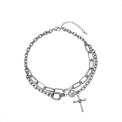 Double Layer Pearl Cross Pendant Necklace for Women
