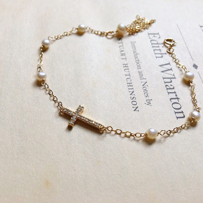 S925 Silver Plated Cross Pearl Bracelet for Women