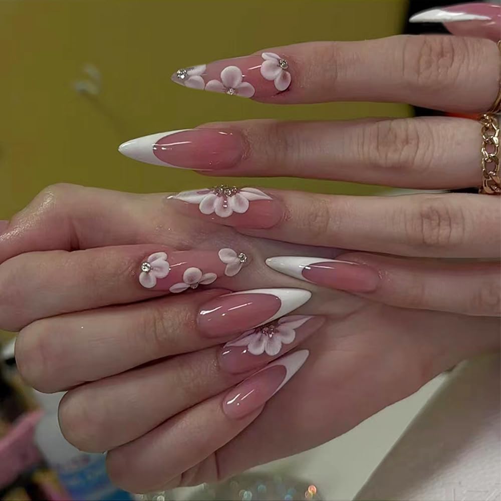 24Pcs Nude Pink Fake Nails Long Almond Press on Nails Stiletto Nails Press ons French Flowers False Nails with Glossy Stick on Nails Fall Acrylic Nails Full Cover Artificial Nails for Women Girls