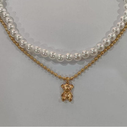 Trendy Layered Pearl Necklace with Bear Pendant
