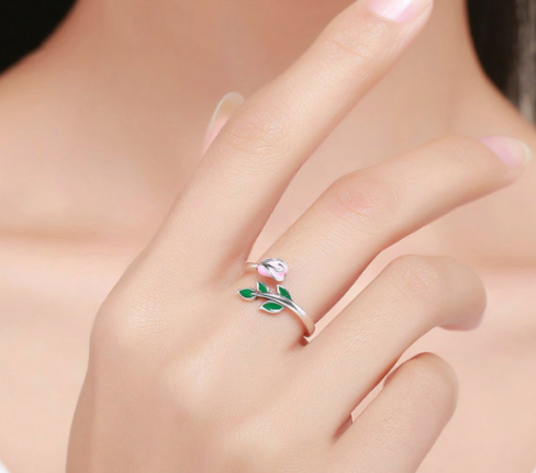 Open Ring with Rose Flower Design in S925 Silver