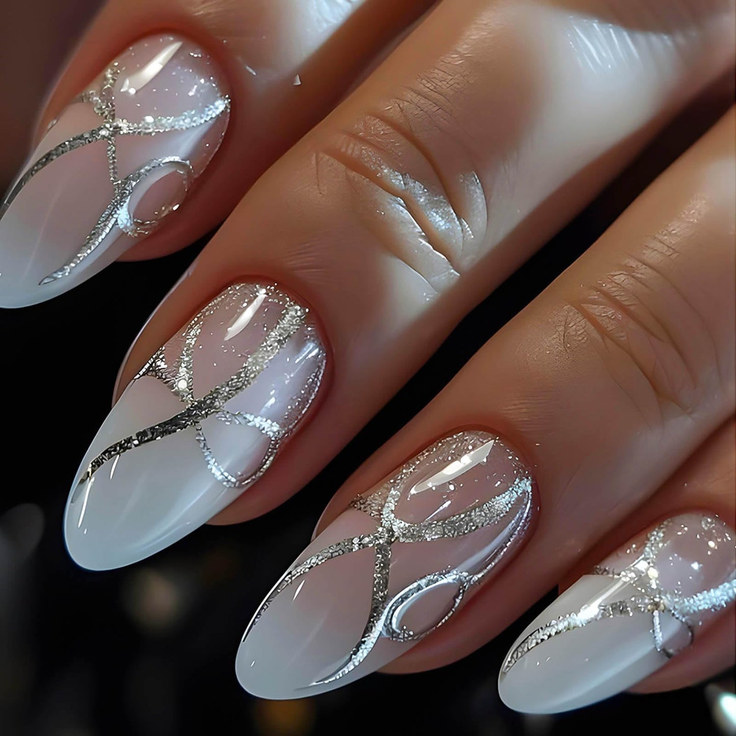 Vokupoga Almond Press on Nails Medium Fake Nails White Ombre False Nails with Silver Glitter Stripe Designs Medium Almond Nail Press ons Sparkly Glue on Nails Cute Stick on Nails for Women 24Pcs