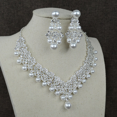 White Bride Necklace and Pearl Earring Set