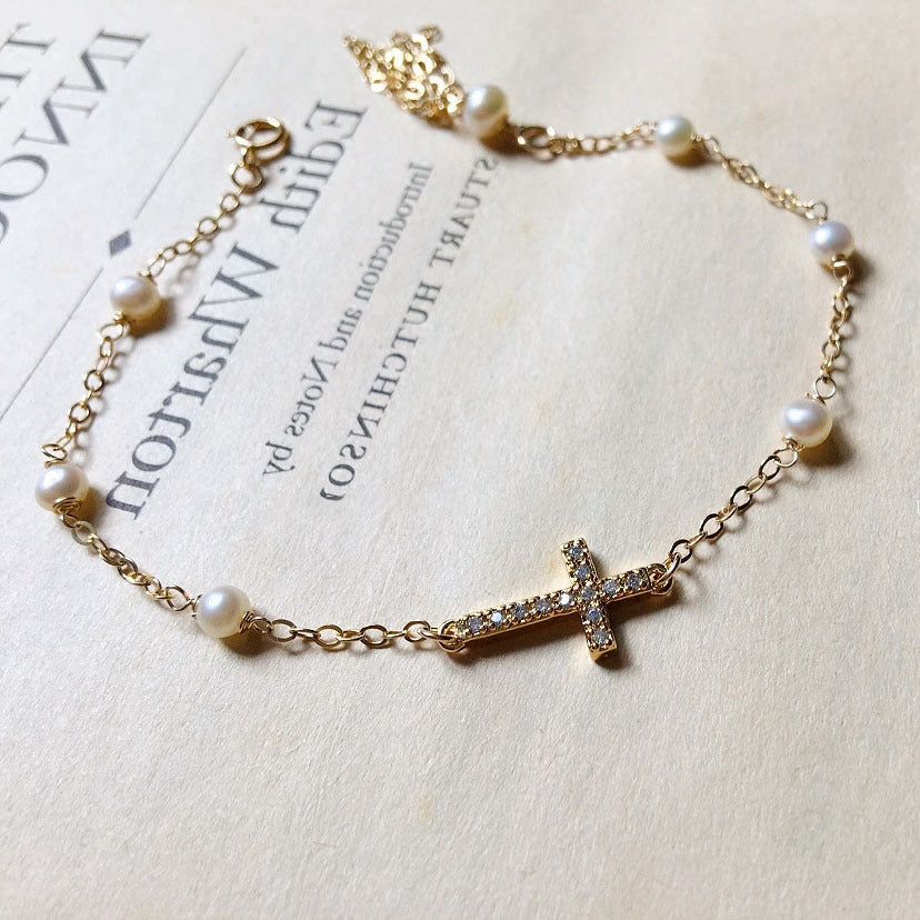 S925 Silver Plated Cross Pearl Bracelet for Women
