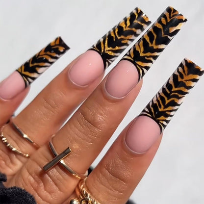 Extra Long Press on Nails Square Fake Nails French Tip Nails Press on Leopard Print Stick on Nails Reusable Acrylic False Nails Gloss Glue on Nails Cute Artificial Nails for Women Girls 24Pcs