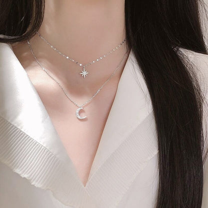 Trendy Silver-Plated Moon and Star Layered Necklace
