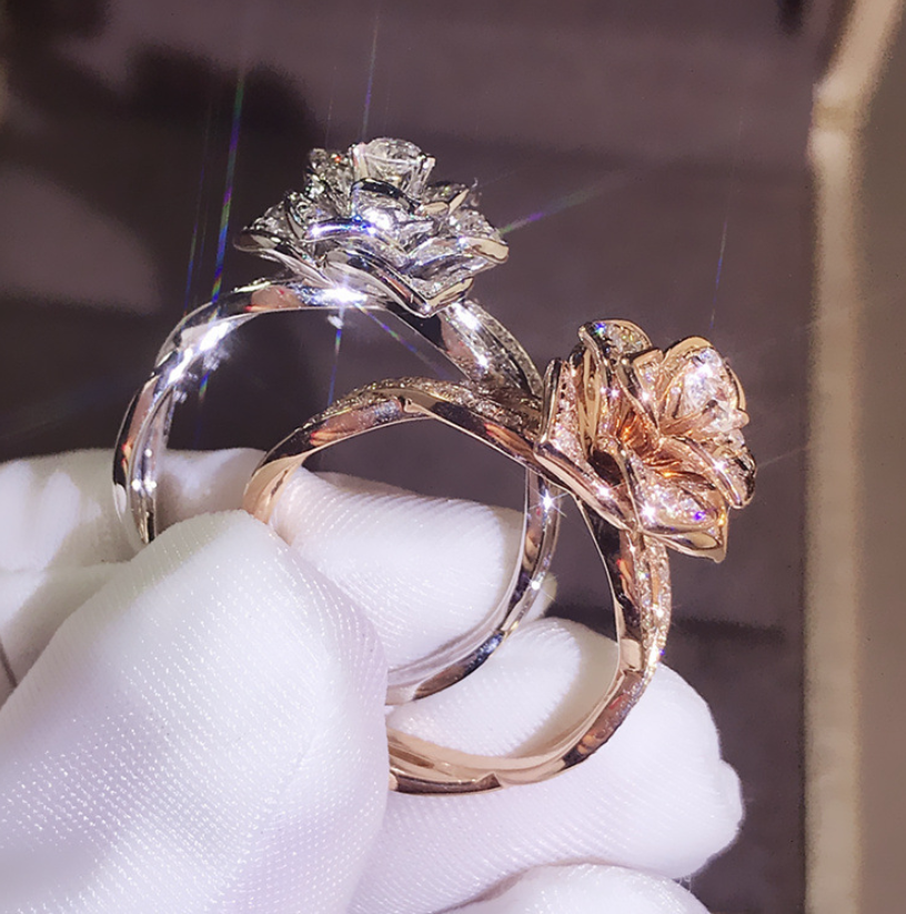 Rose Gold Simulated Diamond Rose Ring for Women