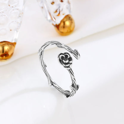 S925 Silver Vintage Rose Flower Open Ring for Women