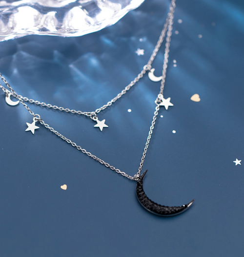 Ailuoqi S925 Silver Double Layer Star Moon Necklace
