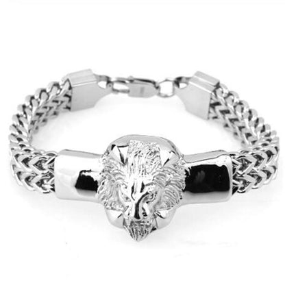 Men's Gold Stainless Steel Franco Chain Lion Head Bracelet