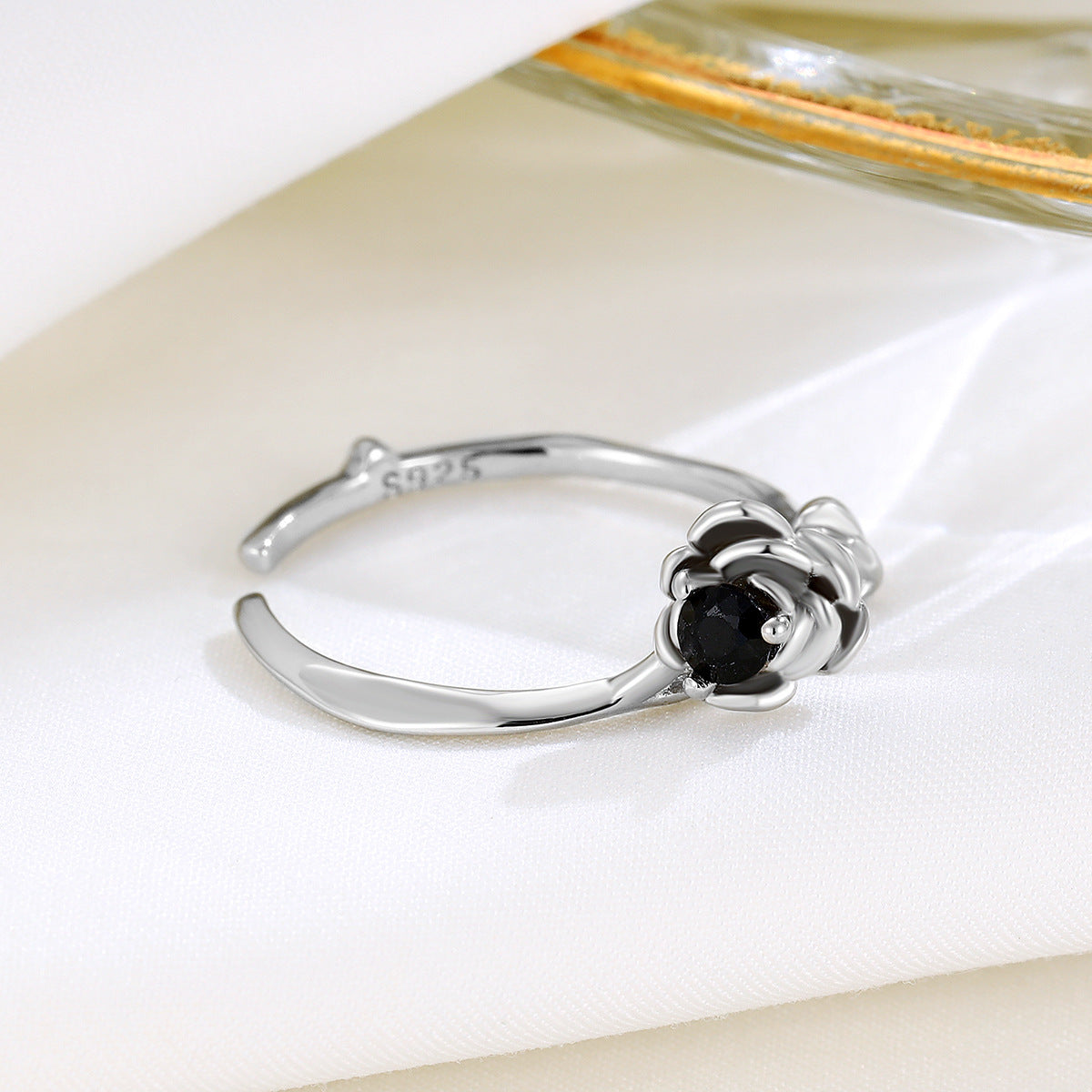 S925 Silver Black Diamond Flower Open Ring for Women