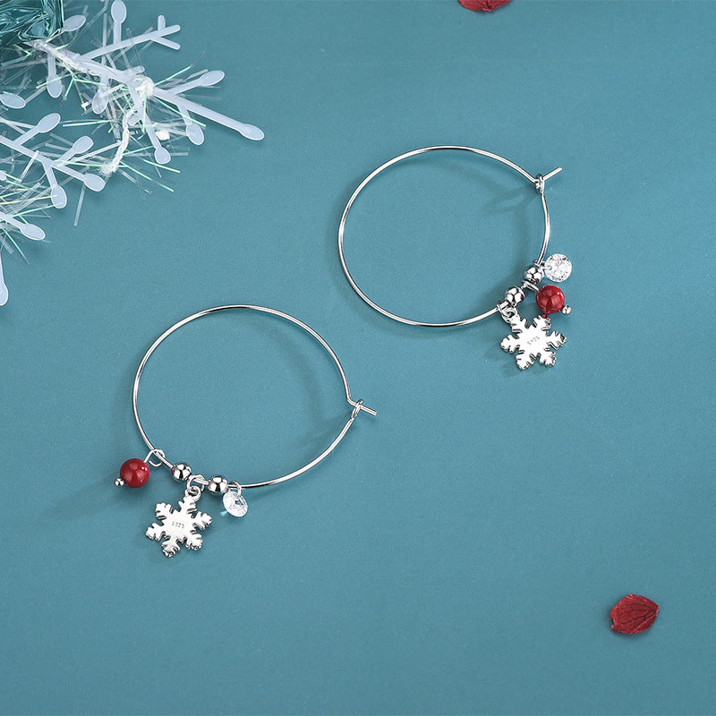 S925 Silver Korean Style Snowflake Earrings with Red Balls