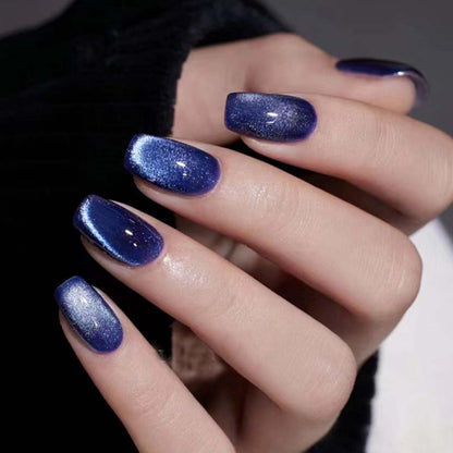 Glitter Press on Nails Square Fake Nails Short False Nails with Design Blue Acrylic Nails Artificial Glue on Nails Full Cover Stick on Nails for Women Girls Manicure Art 24Pcs