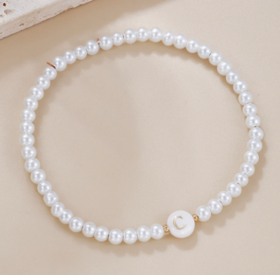 Dainty Faux Pearl Bead Initial Bracelet for Women