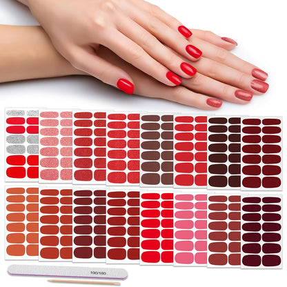 DANNEASY 16 Sheets Red Nail Polish Stickers Full Nail Wraps Solid Color Gel Nail Strips Self Adhesive Nail Polish Strips Fingernail Sticker Nails for Women with Nail File Cuticle Stick