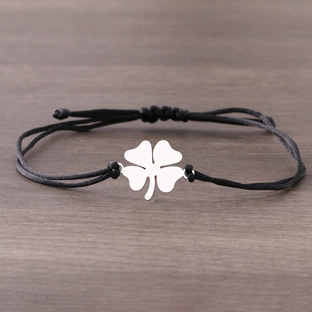 Lucky Four Leaf Clover Stainless Steel Bracelet in Black/Red