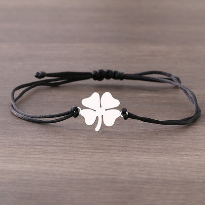Lucky Four Leaf Clover Stainless Steel Bracelet in Black/Red