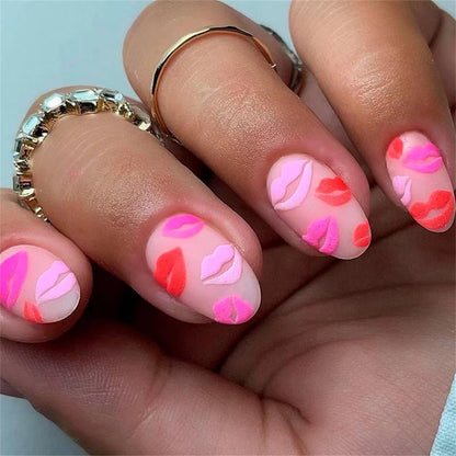 24Pcs Valentines Nails Press on Nails Medium Almond Nails Red Lips Fake Nails with Glue Valentines Glossy Acrylic Nails Design Full Cover Valentines Day Red Lips False Nails Stick on Nails for Women