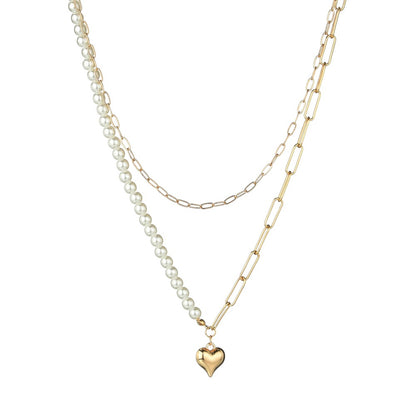 Golden Love Heart Faux Pearl Double Layer Necklace