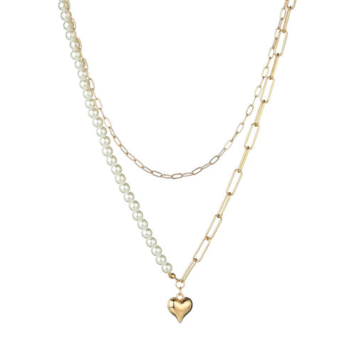Golden Love Heart Faux Pearl Double Layer Necklace