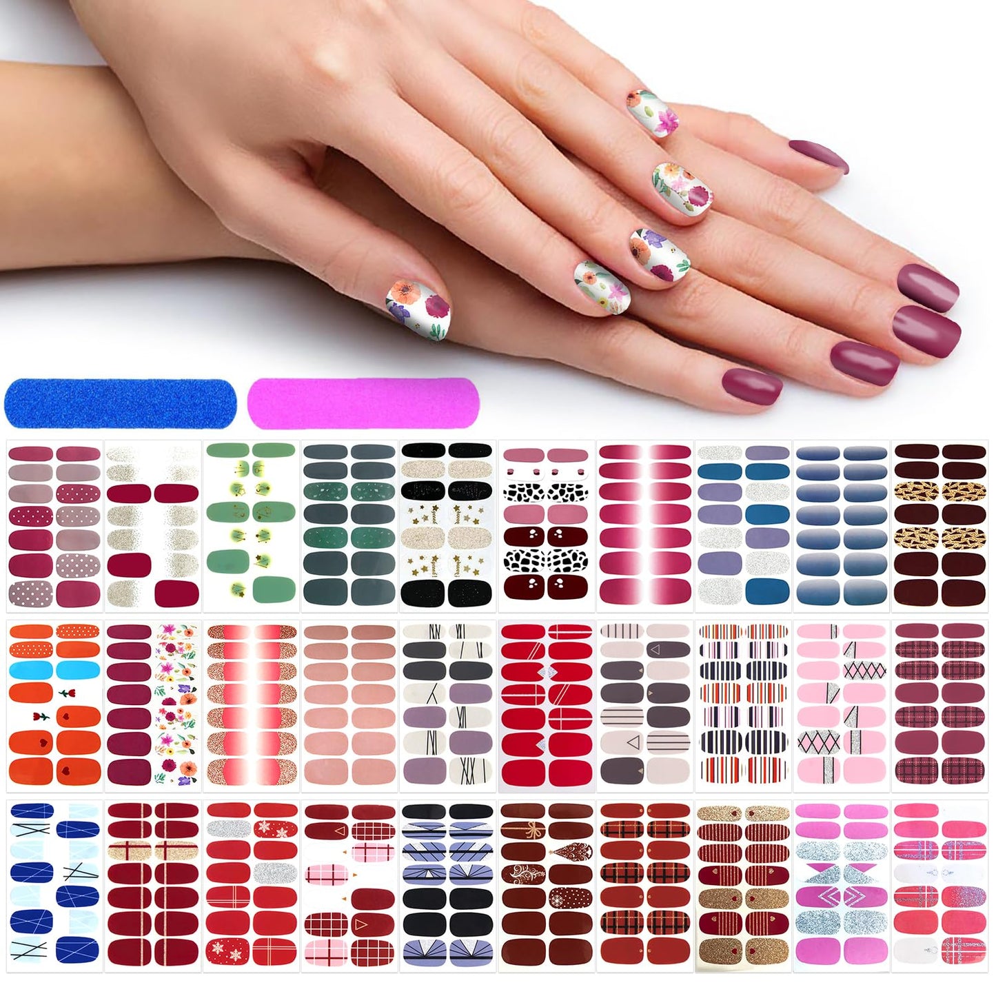 30 Sheets Solid Color Nail Wraps Glitter Nail Polish Stickers Self Adhesive Nail Stickers Nail Polish Strips for Women Girl Nail Accessories with Nail File