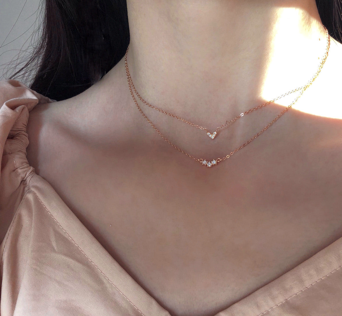 925 Silver Diamond-Studded Heart Layered Necklace