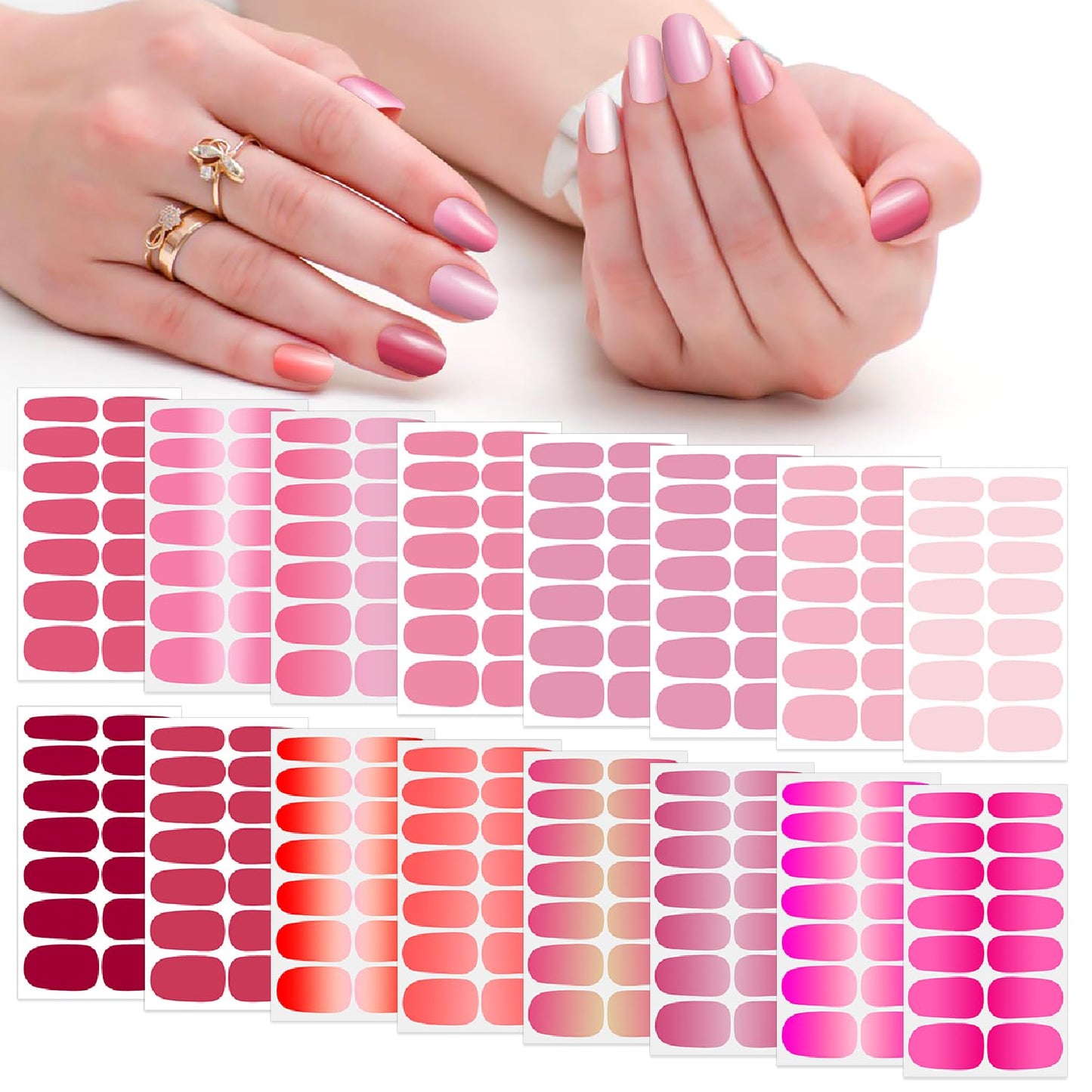 SILPECWEE 16 Sheets Nail Polish Stickers Nail Wraps for Women Gradient Color Gel Nail Stickers Self Adhesive Nail Polish Strips Fingernail Sticker with Nail File (Pink Style)