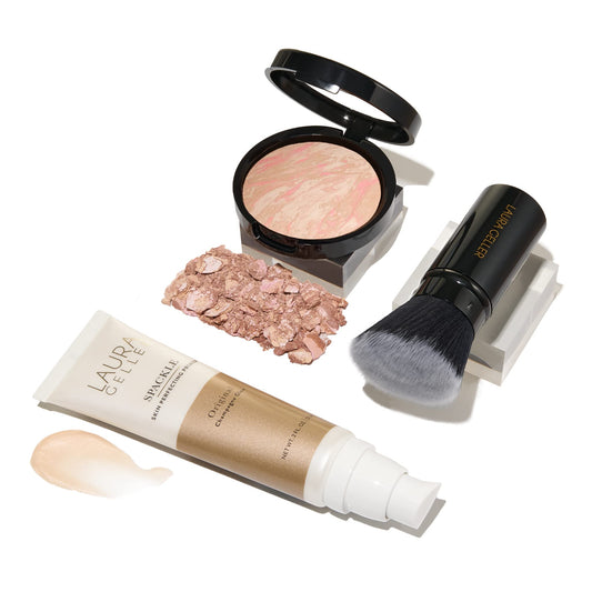 LAURA GELLER NEW YORK Everyday Routine Kit - Baked Balance-N-Brighten Color Correcting Powder Foundation Porcelain + Retractable Angled Kabuki + Spackle Makeup Primer Champagne Glow (3 PC)