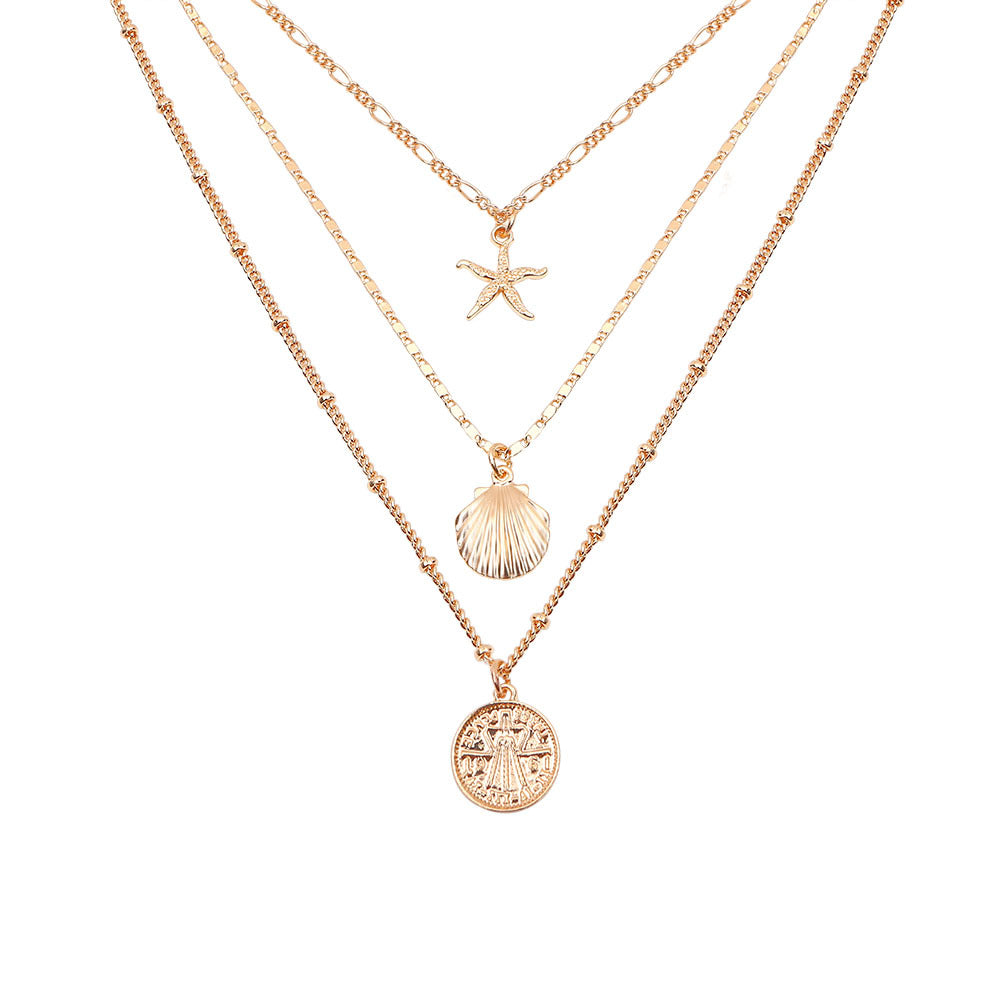 Starfish Shell Metal Pendant Necklace - Layered Design