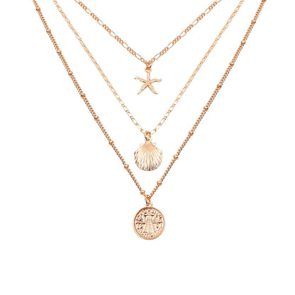 Starfish Shell Metal Pendant Necklace - Layered Design