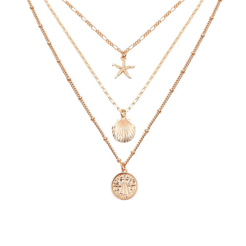 Starfish Shell Metal Pendant Necklace - Layered Design