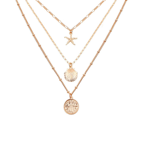Starfish Shell Metal Pendant Necklace - Layered Design