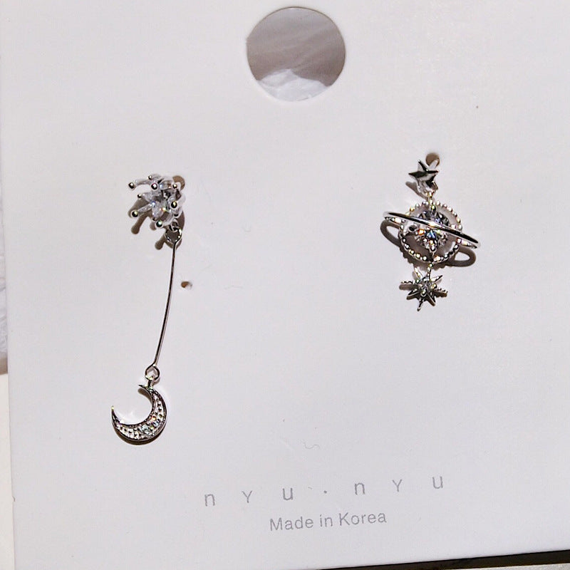 S925 Silver Asymmetric Star Moon Earrings with Zircon