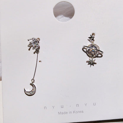 S925 Silver Asymmetric Star Moon Earrings with Zircon