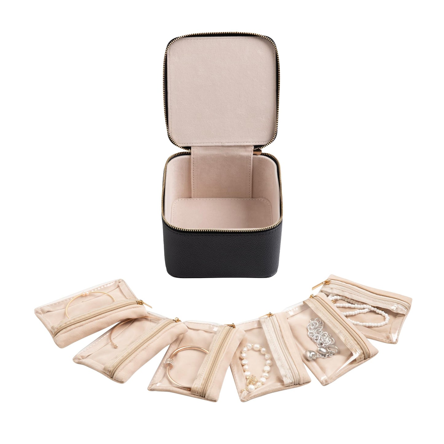 Frebeauty Small Travel Jewelry BoxTravel Jewelry Case with 6 Pouch BagsPortable Travel Jewelry OrganizerMini Jewelry Storage3.35 x 4.9 x 4.8 InchesGift Idea for Women Girls(Black)
