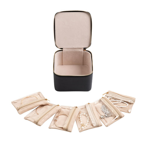 Frebeauty Small Travel Jewelry BoxTravel Jewelry Case with 6 Pouch BagsPortable Travel Jewelry OrganizerMini Jewelry Storage3.35 x 4.9 x 4.8 InchesGift Idea for Women Girls(Black)