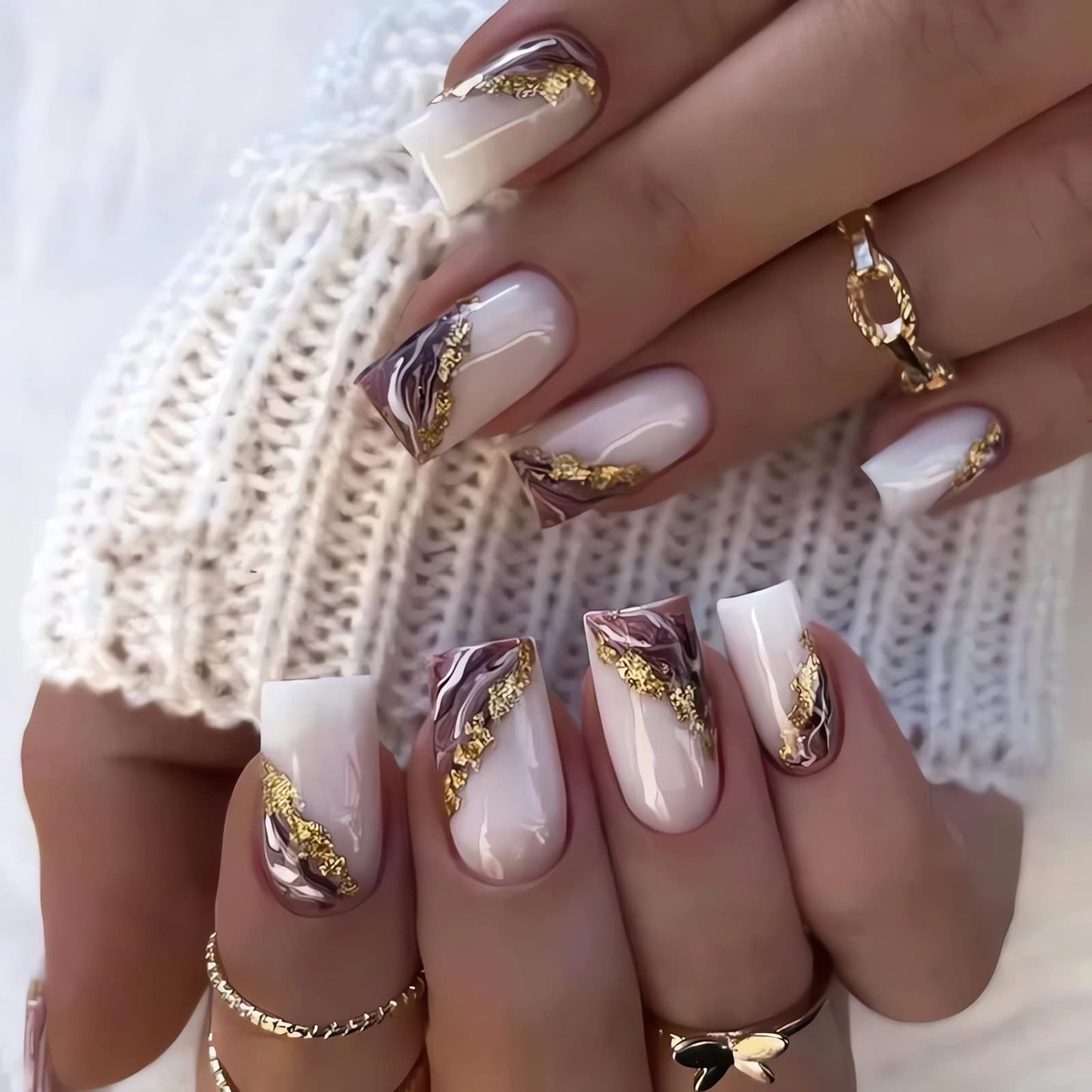 Square Press on Nails Medium Fake Nails Full Cover Gold Glitter False Nails Brown Acrylic Nails Medium Stick on Nails Glossy Cute Artificial Square Nails for Women Girls 24PCS