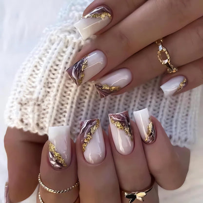 Square Press on Nails Medium Fake Nails Full Cover Gold Glitter False Nails Brown Acrylic Nails Medium Stick on Nails Glossy Cute Artificial Square Nails for Women Girls 24PCS