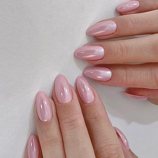 Pink Acrylic Nails Almond Press on Nails Medium Glossy Fake Nails Full Cover Glue on Nails Solid Stick on Nails for Women Girls Nails Decoration 24 Pcs