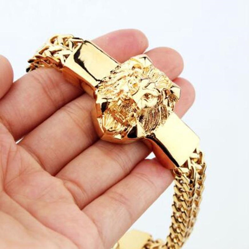 Men's Gold Stainless Steel Franco Chain Lion Head Bracelet
