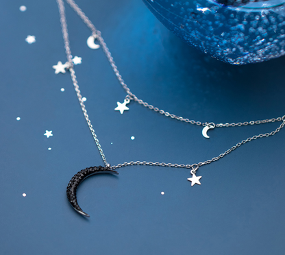 Ailuoqi S925 Silver Double Layer Star Moon Necklace