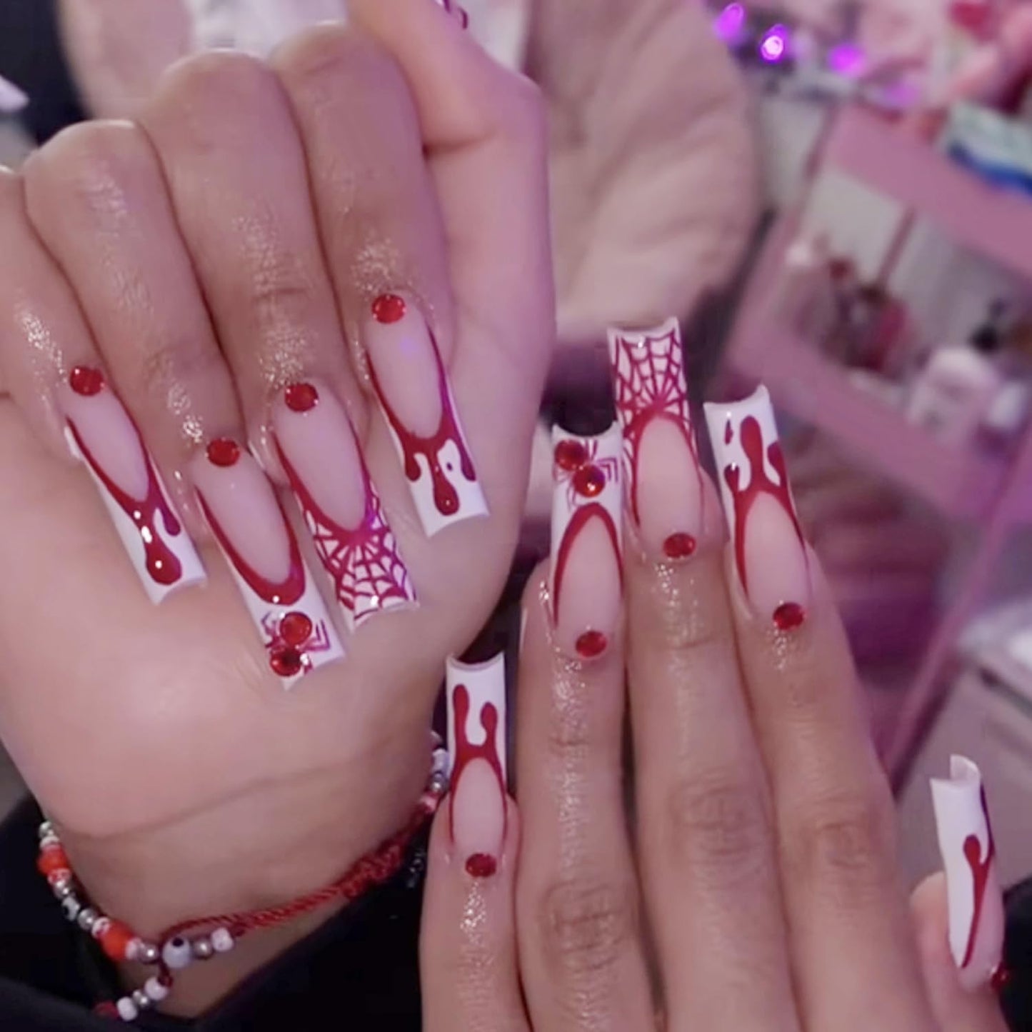 24Pcs Halloween French Tip Press on Nails Long Square Fake Nails with Red Spider Rhinestones Glue on Nails Spider Web Nails Tip Design Full Cover Halloween False Nails Blood Acrylic Nails for Women