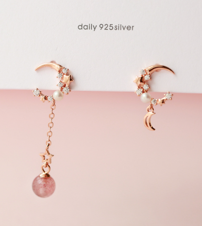 S925 Silver Moonstone Strawberry Quartz Earrings