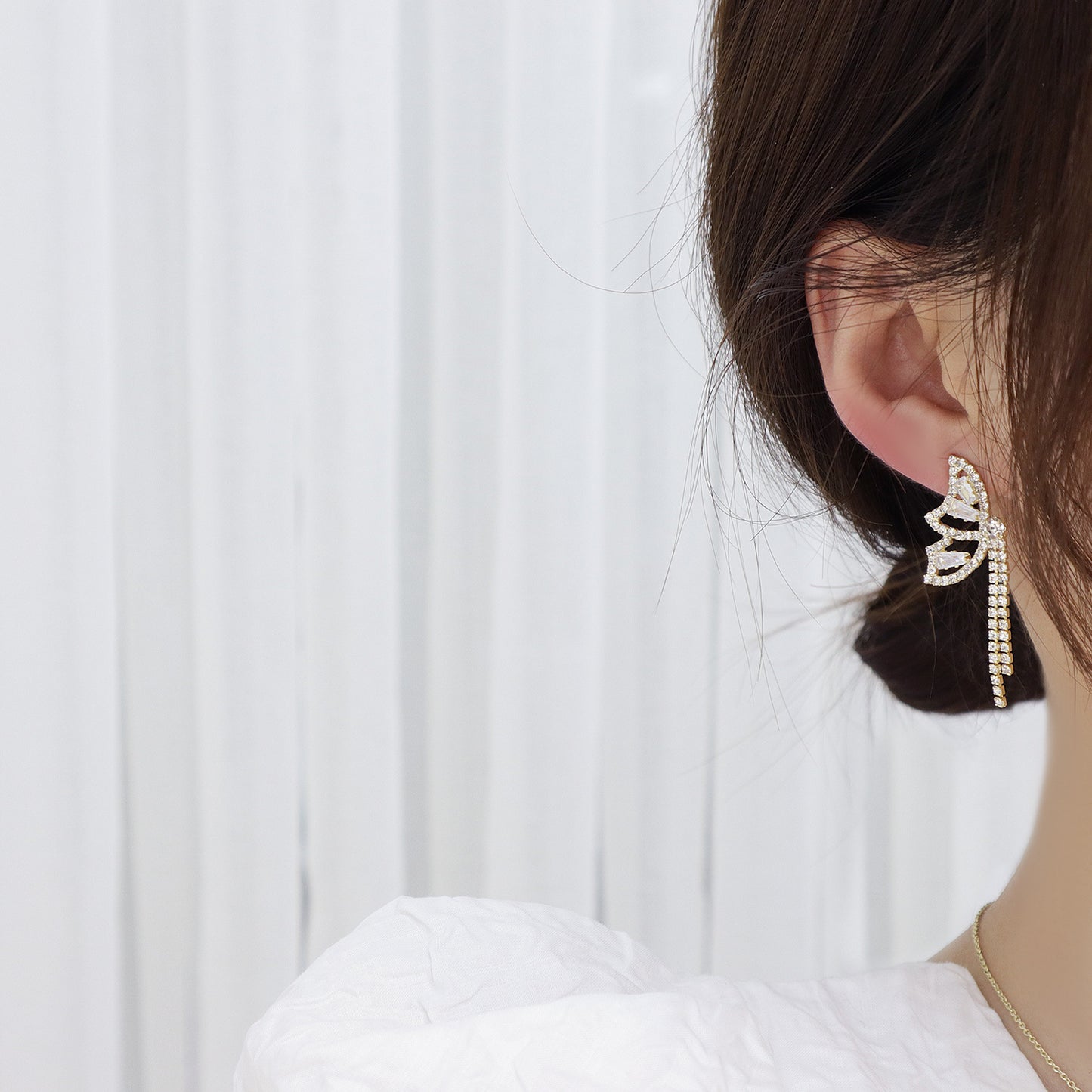 Korean S925 Silver Butterfly Tassel Zircon Earrings