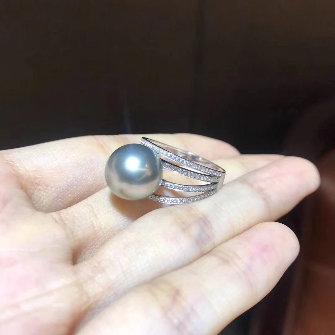 925 Silver Akoya Gray Pearl Adjustable Ring for Women