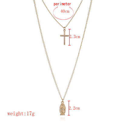 Cross Pendant Necklace with Virgin Mary Double Layer
