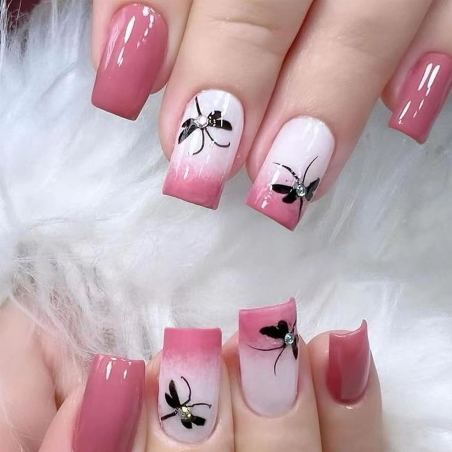 Square Press on Nails French Tip Fake Nails Medium Pink Glossy Artificial Nails Full Cover Stick on Nails with Dragonfly Rhinestone Designs