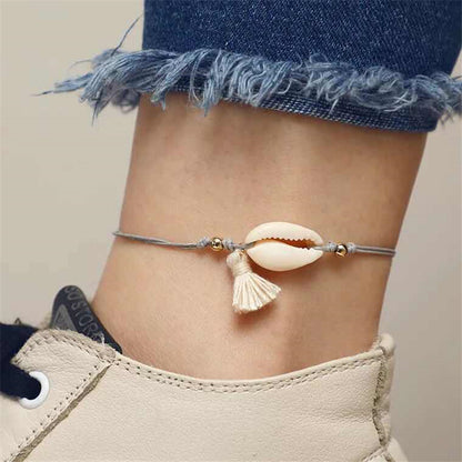 Double Layer Shell Tassel Beaded Metal Anklet