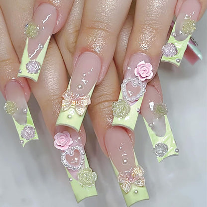 SINHOT French Tip Press on Nails Long Square Fake Nails 3D Flower Acrylic Nails Glossy Glue on Nails 3D Pearls Squoval Nails Stick on False Nails with Design 24 pcs